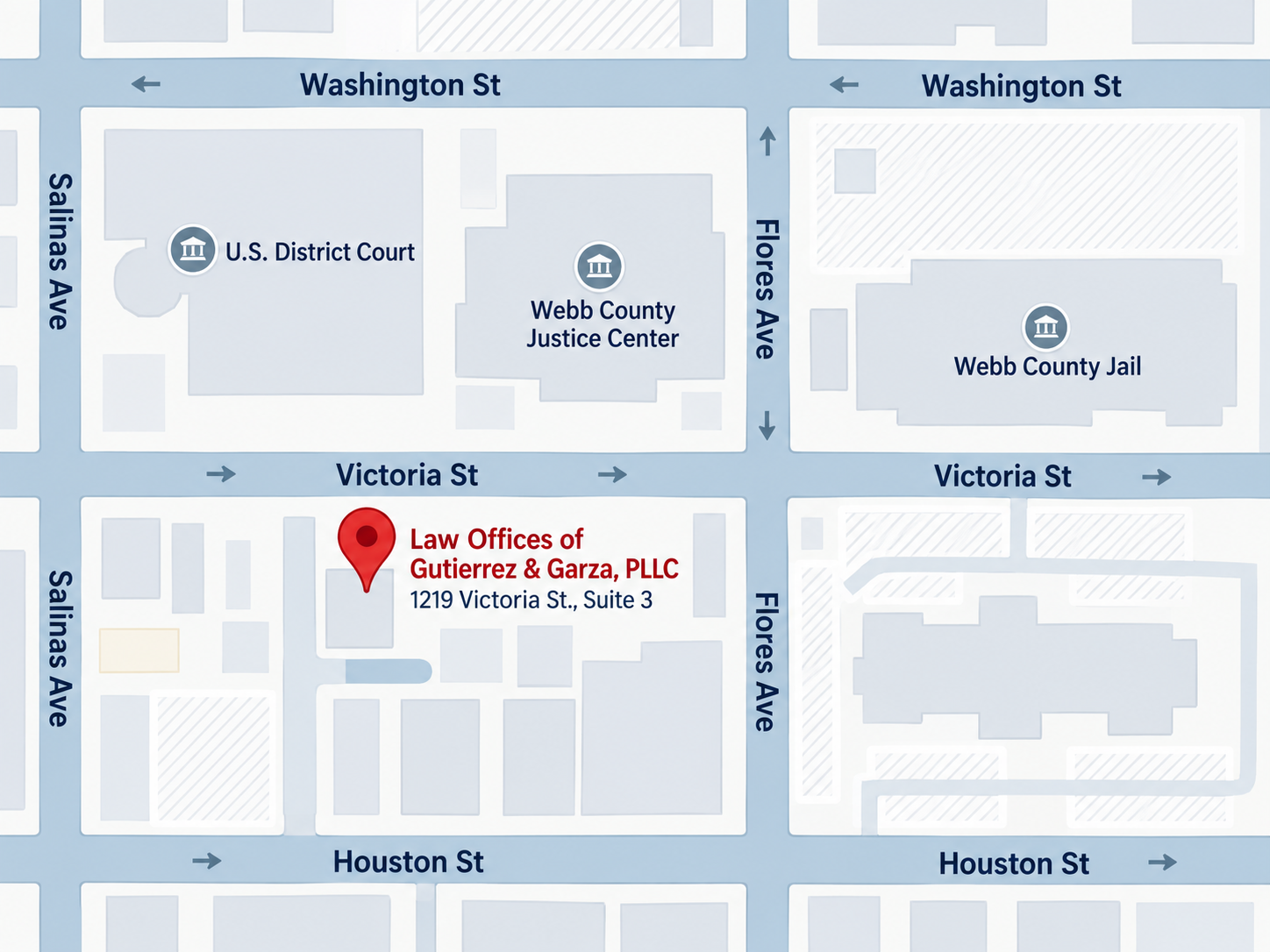 Downtown Laredo map showing the Law Offices of Gutierrez & Garza, PLLC, the U.S. District Court, Webb County Justice Center, and Webb County Jail